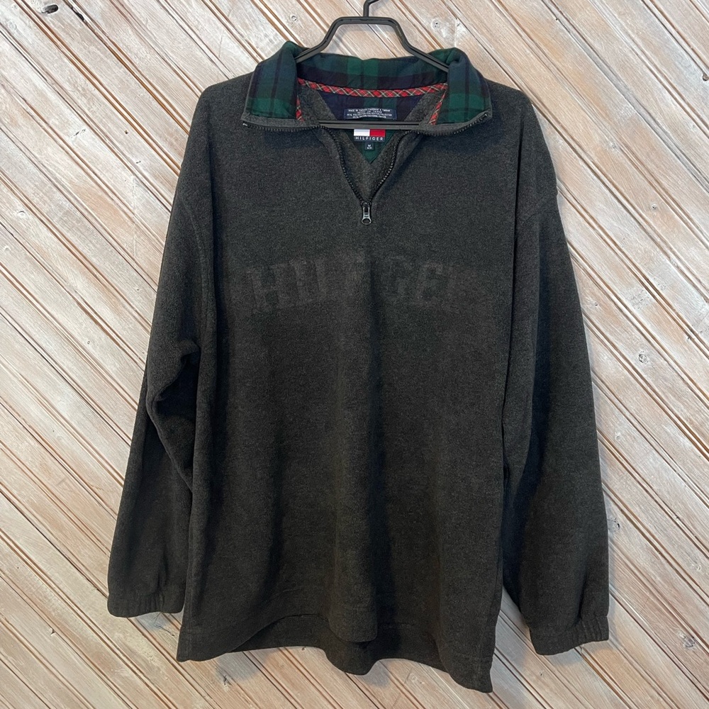 Tommy Hilfiger vintage long sleeve 3/4 zipper fleece embossed logo grey sweater